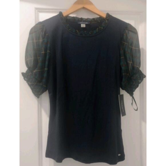 New~ Women's Tommy Hilfiger Plaid Trim Puffed Sleeve Top Medium - Picture 3 of 8